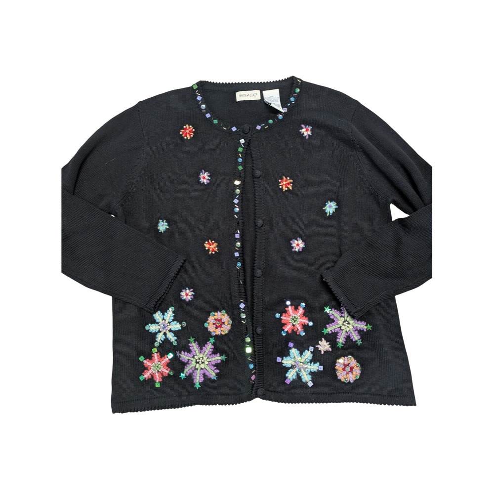 White Stag Womens XL Black Embroidered Sequin Snowflake Cardigan Sweater